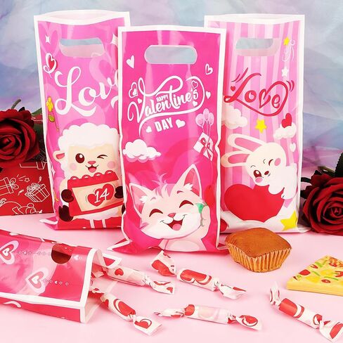 CCINEE 48 Pcs Valentine's Day Treat Bags with Handle, Cute Plastic Candy Bags in 6 Pink Cartoon Design for Valentine Party Favor Supplies Gift Goodie Bag Container in Saudi Arabia
