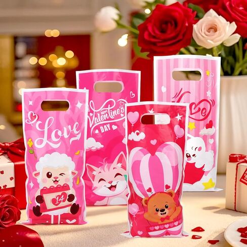 CCINEE 48 Pcs Valentine's Day Treat Bags with Handle, Cute Plastic Candy Bags in 6 Pink Cartoon Design for Valentine Party Favor Supplies Gift Goodie Bag Container in Saudi Arabia