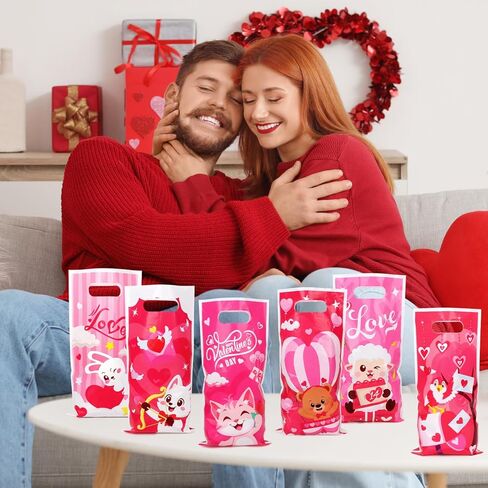 CCINEE 48 Pcs Valentine's Day Treat Bags with Handle, Cute Plastic Candy Bags in 6 Pink Cartoon Design for Valentine Party Favor Supplies Gift Goodie Bag Container in Saudi Arabia