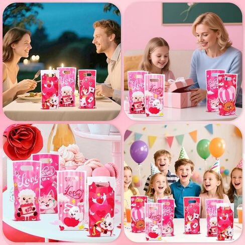 CCINEE 48 Pcs Valentine's Day Treat Bags with Handle, Cute Plastic Candy Bags in 6 Pink Cartoon Design for Valentine Party Favor Supplies Gift Goodie Bag Container in Saudi Arabia