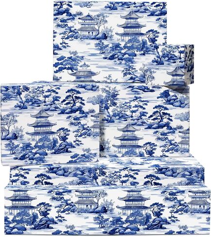 CENTRAL 23 Blue And White Wrapping Paper - 6 Sheets Of Birthday Gift Wrap - Traditional Japanese Landscape Design - For Men Women - Comes With Stickers in Saudi Arabia