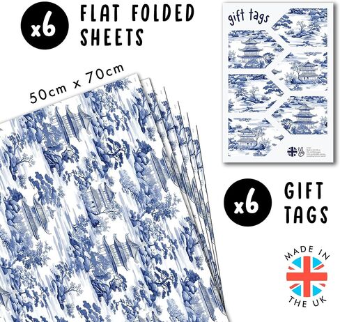 CENTRAL 23 Blue And White Wrapping Paper - 6 Sheets Of Birthday Gift Wrap - Traditional Japanese Landscape Design - For Men Women - Comes With Stickers in Saudi Arabia