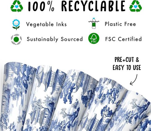 CENTRAL 23 Blue And White Wrapping Paper - 6 Sheets Of Birthday Gift Wrap - Traditional Japanese Landscape Design - For Men Women - Comes With Stickers in Saudi Arabia