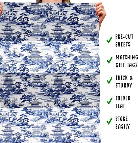 CENTRAL 23 Blue And White Wrapping Paper - 6 Sheets Of Birthday Gift Wrap - Traditional Japanese Landscape Design - For Men Women - Comes With Stickers in Saudi Arabia