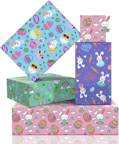 Boerni Easter Wrapping Paper 4 Sheets, Cute Rabbits Bunny Carrot Chick Easter Egg Patterns Gift Wrap Paper for Spring Holiday Party Favor Gift Wrapping Art Crafts Supplies - Folded Flat/4 Designs in Saudi Arabia