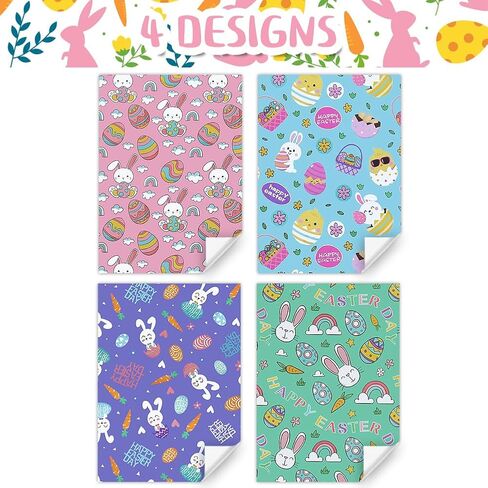 Boerni Easter Wrapping Paper 4 Sheets, Cute Rabbits Bunny Carrot Chick Easter Egg Patterns Gift Wrap Paper for Spring Holiday Party Favor Gift Wrapping Art Crafts Supplies - Folded Flat/4 Designs in Saudi Arabia