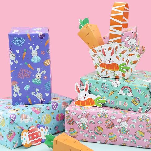 Boerni Easter Wrapping Paper 4 Sheets, Cute Rabbits Bunny Carrot Chick Easter Egg Patterns Gift Wrap Paper for Spring Holiday Party Favor Gift Wrapping Art Crafts Supplies - Folded Flat/4 Designs in Saudi Arabia