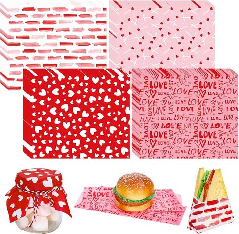 240 Sheet Valentine's Day Wax Paper 4 Styles Red Pink Love Heart Food Wrapping Tissue Paper Deli Paper Basket Liners For Home Kitchen Restaurant Baking in Saudi Arabia