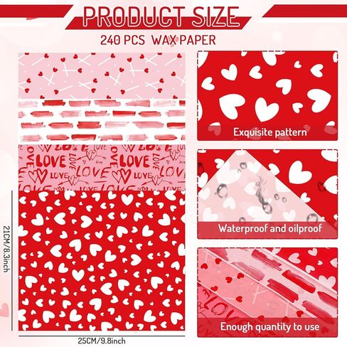 240 Sheet Valentine's Day Wax Paper 4 Styles Red Pink Love Heart Food Wrapping Tissue Paper Deli Paper Basket Liners For Home Kitchen Restaurant Baking in Saudi Arabia