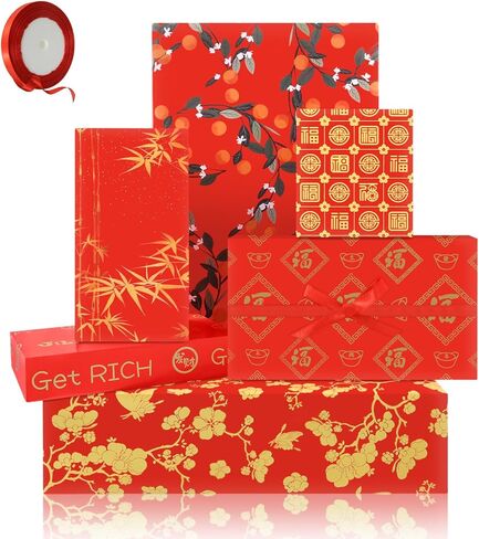 Chinese Lunar New Year Wrapping Paper with Red Ribbon,6 Sheets Red Gold Gift Wrap Paper Fu Character Plum Blossom Wrapping Paper China Blessing Rich Luck Words for Spring Festival Wedding,20x30inch in Saudi Arabia