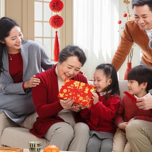 Chinese Lunar New Year Wrapping Paper with Red Ribbon,6 Sheets Red Gold Gift Wrap Paper Fu Character Plum Blossom Wrapping Paper China Blessing Rich Luck Words for Spring Festival Wedding,20x30inch in Saudi Arabia
