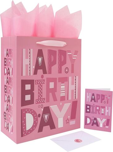 wishinside 13'' Large Happy Birthday Gift Bag Set with Handles, Greeting Card, Pink Tissue Papers and Stickers for Women Girls Kids Teens, Cartoon Design, 1 Pcs in Kuwait