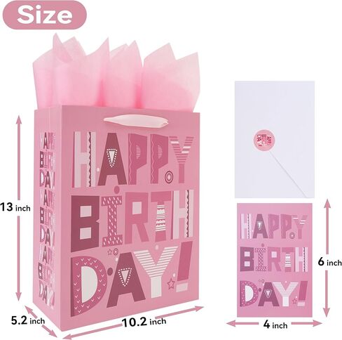wishinside 13'' Large Happy Birthday Gift Bag Set with Handles, Greeting Card, Pink Tissue Papers and Stickers for Women Girls Kids Teens, Cartoon Design, 1 Pcs in Kuwait