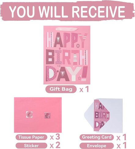 wishinside 13'' Large Happy Birthday Gift Bag Set with Handles, Greeting Card, Pink Tissue Papers and Stickers for Women Girls Kids Teens, Cartoon Design, 1 Pcs in Kuwait