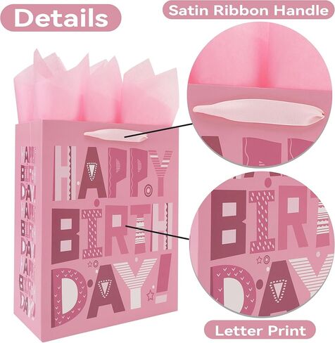 wishinside 13'' Large Happy Birthday Gift Bag Set with Handles, Greeting Card, Pink Tissue Papers and Stickers for Women Girls Kids Teens, Cartoon Design, 1 Pcs in Kuwait