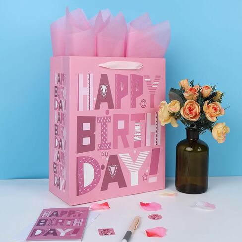 wishinside 13'' Large Happy Birthday Gift Bag Set with Handles, Greeting Card, Pink Tissue Papers and Stickers for Women Girls Kids Teens, Cartoon Design, 1 Pcs in Kuwait