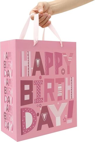 wishinside 13'' Large Happy Birthday Gift Bag Set with Handles, Greeting Card, Pink Tissue Papers and Stickers for Women Girls Kids Teens, Cartoon Design, 1 Pcs in Kuwait