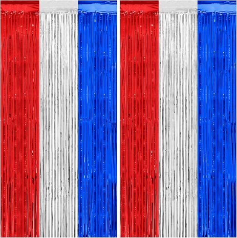 Thicken Red White and Blue Decorations Streamers, 2 Pack 3.2 X 8.2 FT Tinsel Backdrop Curtains, Foil Fringe Backdrop for Birthday, 4th of July, Veterans Day, USA Patriotic Party Decorations in Kuwait