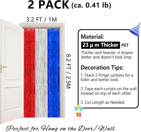 Thicken Red White and Blue Decorations Streamers, 2 Pack 3.2 X 8.2 FT Tinsel Backdrop Curtains, Foil Fringe Backdrop for Birthday, 4th of July, Veterans Day, USA Patriotic Party Decorations in Kuwait