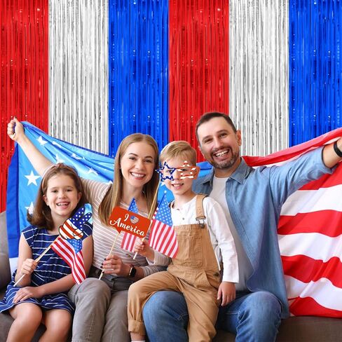 Thicken Red White and Blue Decorations Streamers, 2 Pack 3.2 X 8.2 FT Tinsel Backdrop Curtains, Foil Fringe Backdrop for Birthday, 4th of July, Veterans Day, USA Patriotic Party Decorations in Kuwait