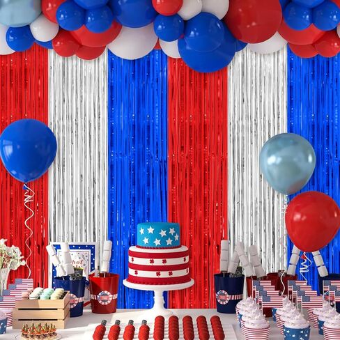 Thicken Red White and Blue Decorations Streamers, 2 Pack 3.2 X 8.2 FT Tinsel Backdrop Curtains, Foil Fringe Backdrop for Birthday, 4th of July, Veterans Day, USA Patriotic Party Decorations in Kuwait