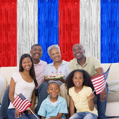Thicken Red White and Blue Decorations Streamers, 2 Pack 3.2 X 8.2 FT Tinsel Backdrop Curtains, Foil Fringe Backdrop for Birthday, 4th of July, Veterans Day, USA Patriotic Party Decorations in Kuwait