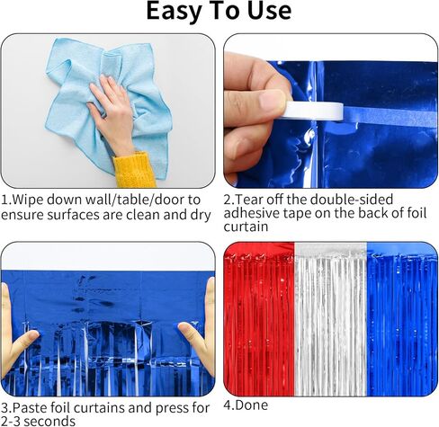Thicken Red White and Blue Decorations Streamers, 2 Pack 3.2 X 8.2 FT Tinsel Backdrop Curtains, Foil Fringe Backdrop for Birthday, 4th of July, Veterans Day, USA Patriotic Party Decorations in Kuwait