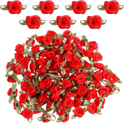 100 Pcs Mini Satin Rose Flowers Appliques, Red Fabric Miniature Flowers Fabric Ribbon Bows Embellishments for DIY Crafting, Sewing, Wedding, Gift Wrapping, Scrapbooking, Holiday Decoration in Saudi Arabia