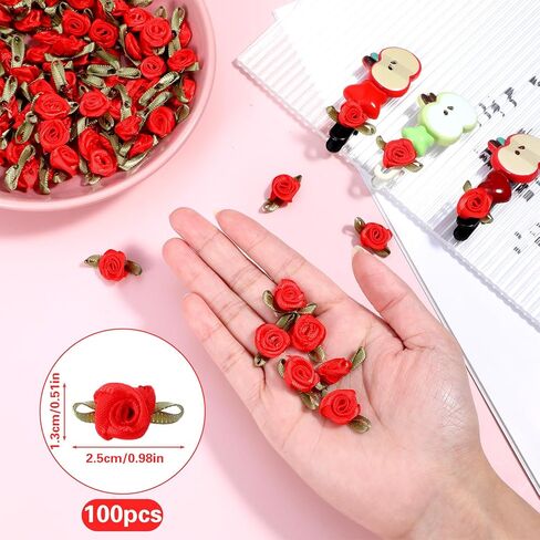 100 Pcs Mini Satin Rose Flowers Appliques, Red Fabric Miniature Flowers Fabric Ribbon Bows Embellishments for DIY Crafting, Sewing, Wedding, Gift Wrapping, Scrapbooking, Holiday Decoration in Saudi Arabia