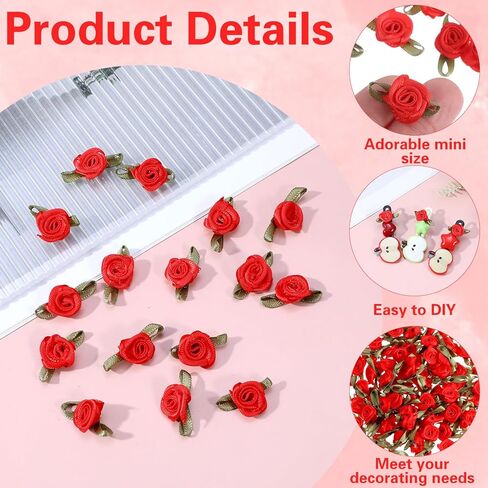 100 Pcs Mini Satin Rose Flowers Appliques, Red Fabric Miniature Flowers Fabric Ribbon Bows Embellishments for DIY Crafting, Sewing, Wedding, Gift Wrapping, Scrapbooking, Holiday Decoration in Saudi Arabia
