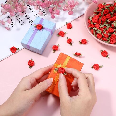 100 Pcs Mini Satin Rose Flowers Appliques, Red Fabric Miniature Flowers Fabric Ribbon Bows Embellishments for DIY Crafting, Sewing, Wedding, Gift Wrapping, Scrapbooking, Holiday Decoration in Saudi Arabia