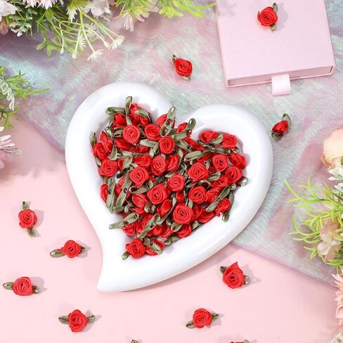 100 Pcs Mini Satin Rose Flowers Appliques, Red Fabric Miniature Flowers Fabric Ribbon Bows Embellishments for DIY Crafting, Sewing, Wedding, Gift Wrapping, Scrapbooking, Holiday Decoration in Saudi Arabia