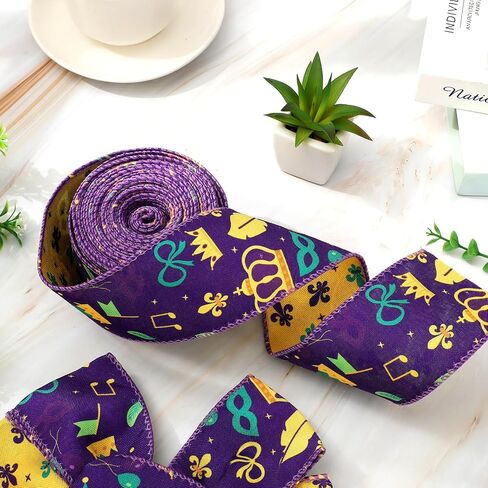 JarThenaAMCS Mardi Gras شريط ذو حافة سلكية أرجواني أخضر أصفر كرنفال شريط من القماش على الوجهين شريط تغليف على الوجهين لصناعة القوس إكليل الحرف اليدوية، لفة واحدة، 10 ياردات in Saudi Arabia