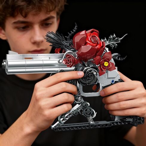 Guns & Petals Decorative Revolver Building Blocks with Red Roses Gothic Rose Revolver Building Kit Gothic Style Display Piece Creative Gift for Adults Teens 631 PCS in Saudi Arabia