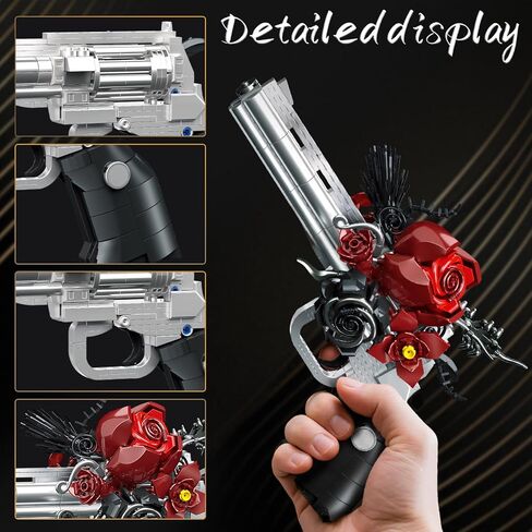 Guns & Petals Decorative Revolver Building Blocks with Red Roses Gothic Rose Revolver Building Kit Gothic Style Display Piece Creative Gift for Adults Teens 631 PCS in Saudi Arabia