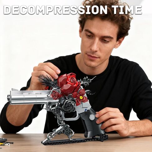Guns & Petals Decorative Revolver Building Blocks with Red Roses Gothic Rose Revolver Building Kit Gothic Style Display Piece Creative Gift for Adults Teens 631 PCS in Saudi Arabia