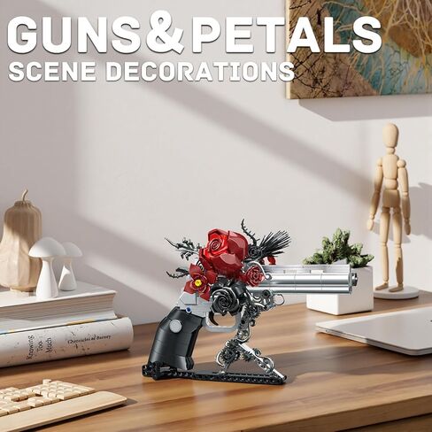 Guns & Petals Decorative Revolver Building Blocks with Red Roses Gothic Rose Revolver Building Kit Gothic Style Display Piece Creative Gift for Adults Teens 631 PCS in Saudi Arabia