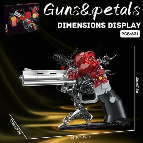 Guns & Petals Decorative Revolver Building Blocks with Red Roses Gothic Rose Revolver Building Kit Gothic Style Display Piece Creative Gift for Adults Teens 631 PCS in Saudi Arabia