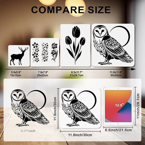MAYJOYDIY الحظيرة البومة الاستنسل القمر ليلة الطيور اللوحة الاستنسل 11.8 × 11.8 بوصة قابلة لإعادة الاستخدام قالب رسم الحيوان السحري مع فرشاة الطلاء للحرفية على نافذة الخشب جدار ديكور المنزل in Kuwait