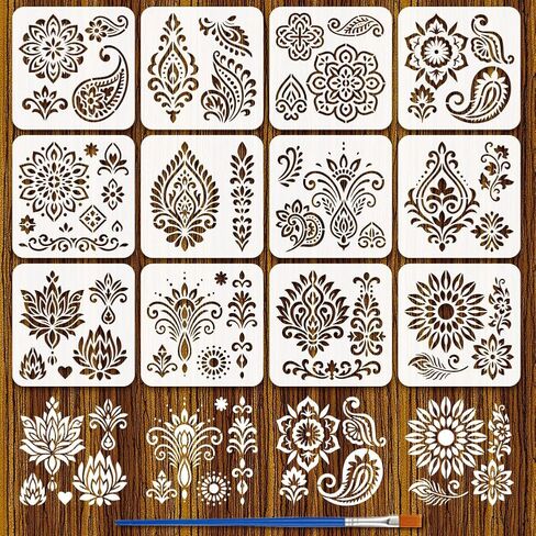 FINGERINSPIRE 12 قطعة استنسل نمط ماندالا مع فرشاة 7.9 × 7.9 بوصة 12 نمطًا من تصميم الأزهار استنسل استنسل زهور ماندالا استنسل بلاستيكي قابل لإعادة الاستخدام للرسم على الخشب والأرضيات والجدار والقماش in Kuwait