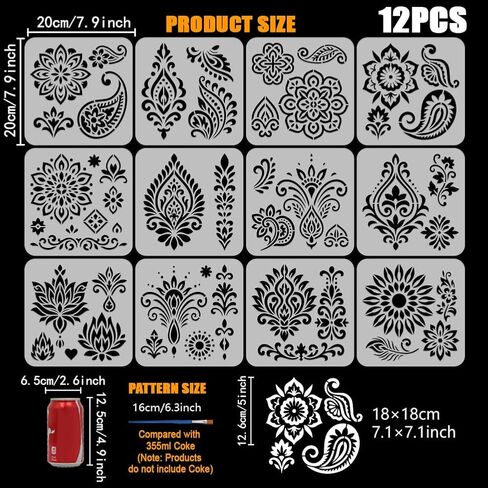 FINGERINSPIRE 12 قطعة استنسل نمط ماندالا مع فرشاة 7.9 × 7.9 بوصة 12 نمطًا من تصميم الأزهار استنسل استنسل زهور ماندالا استنسل بلاستيكي قابل لإعادة الاستخدام للرسم على الخشب والأرضيات والجدار والقماش in Kuwait