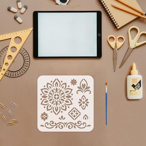 FINGERINSPIRE 12 قطعة استنسل نمط ماندالا مع فرشاة 7.9 × 7.9 بوصة 12 نمطًا من تصميم الأزهار استنسل استنسل زهور ماندالا استنسل بلاستيكي قابل لإعادة الاستخدام للرسم على الخشب والأرضيات والجدار والقماش in Kuwait