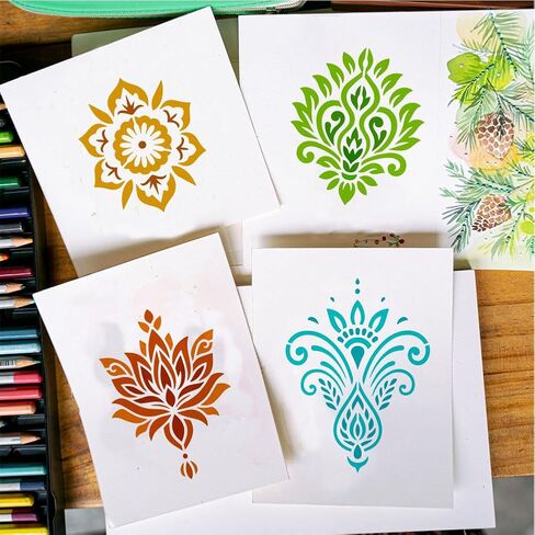 FINGERINSPIRE 12 قطعة استنسل نمط ماندالا مع فرشاة 7.9 × 7.9 بوصة 12 نمطًا من تصميم الأزهار استنسل استنسل زهور ماندالا استنسل بلاستيكي قابل لإعادة الاستخدام للرسم على الخشب والأرضيات والجدار والقماش in Kuwait