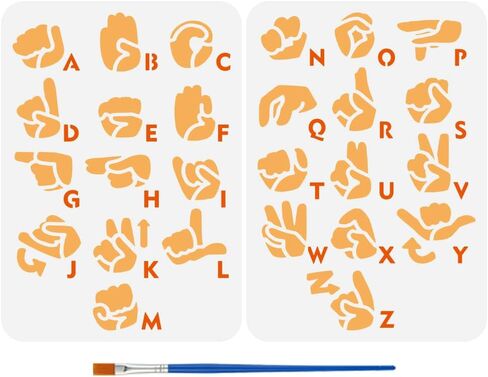 FINGERINSPIRE 2 قطعة استنسل رسم أبجدي للغة الإشارة مع قطعة واحدة من فرشاة طلاء بلاستيكية مقاس 8.3x11.7 بوصة قابلة لإعادة الاستخدام 26 استنسل حروف أبجدية للرسم على أثاث الحائط من القماش الخشبي ديكور المنزل بنفسك in Kuwait