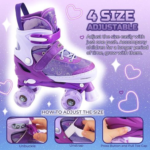 Nattork Kids Roller Skates للفتيات والأطفال، 4 مقاسات زلاجات رباعية قابلة للتعديل قلوب حب عاكسة مع جميع العجلات المضيئة - هدية عيد ميلاد للرياضات الداخلية والخارجية in Kuwait