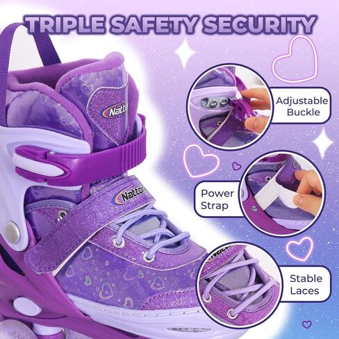Nattork Kids Roller Skates للفتيات والأطفال، 4 مقاسات زلاجات رباعية قابلة للتعديل قلوب حب عاكسة مع جميع العجلات المضيئة - هدية عيد ميلاد للرياضات الداخلية والخارجية in Kuwait