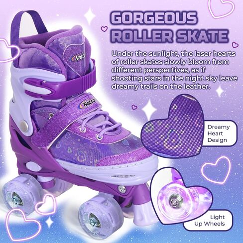 Nattork Kids Roller Skates للفتيات والأطفال، 4 مقاسات زلاجات رباعية قابلة للتعديل قلوب حب عاكسة مع جميع العجلات المضيئة - هدية عيد ميلاد للرياضات الداخلية والخارجية in Kuwait
