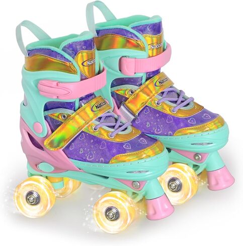 Nattork Kids Roller Skates للفتيات والأطفال، 4 مقاسات زلاجات رباعية قابلة للتعديل قلوب حب عاكسة مع جميع العجلات المضيئة - هدية عيد ميلاد للرياضات الداخلية والخارجية in Kuwait