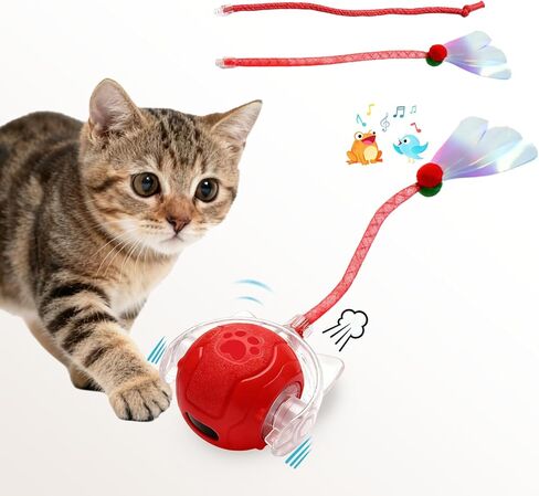 Interactive Cat Toy for Indoor Cats, Automatic Cat Ball Toy with Smart Obstacle Avoidance, 5 Sounds, 2 Tails, Rechargeable Moving Cat Toy for Bored Cats (Red) in Saudi Arabia