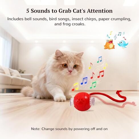 Interactive Cat Toy for Indoor Cats, Automatic Cat Ball Toy with Smart Obstacle Avoidance, 5 Sounds, 2 Tails, Rechargeable Moving Cat Toy for Bored Cats (Red) in Saudi Arabia